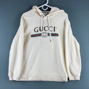 Gucci Cream Pullover Hoodie with Green and Red Stripe Logo